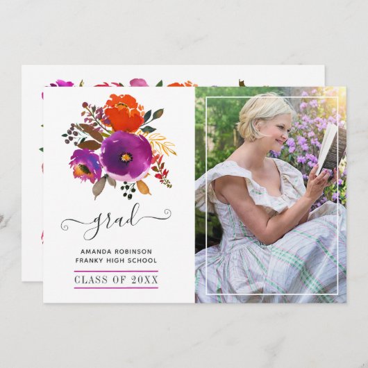 Paarse en Oranje Bloemen Afstuderen Foto Aankondiging (Voorkant / Achterkant)