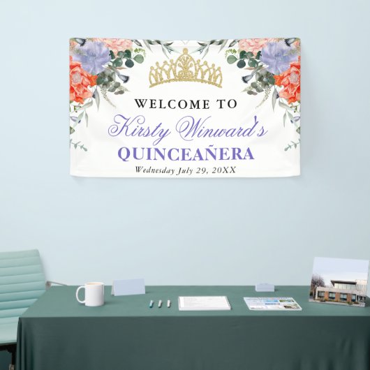 Paarse en Oranje bloemen Quinceanera Spandoek (Beurs)