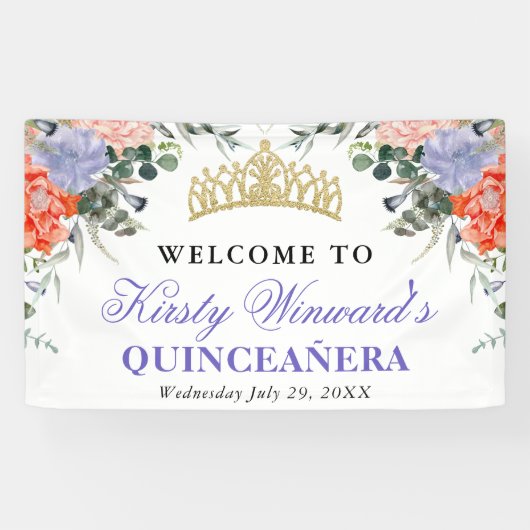 Paarse en Oranje bloemen Quinceanera Spandoek (Horizontaal)