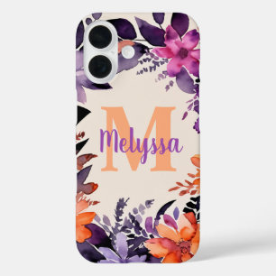 Paarse en Oranje Bloemen Waterverf Monogram Naam iPhone 16 Hoesje