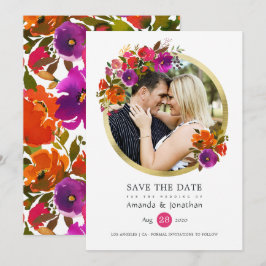 Paarse en oranje bloemige trouwfoto save the date