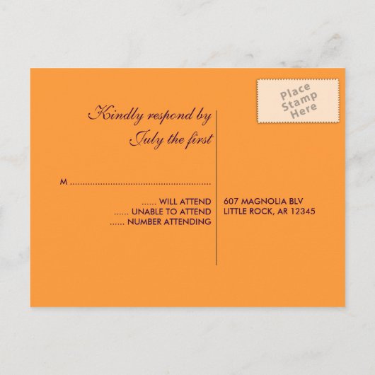 Paarse en Oranje bruiloft RSVP Uitnodiging Briefkaart (Achterkant)