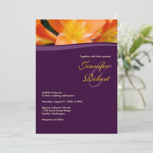 Paarse en Oranje budget bruiloft Kaart (Staand voorkant)