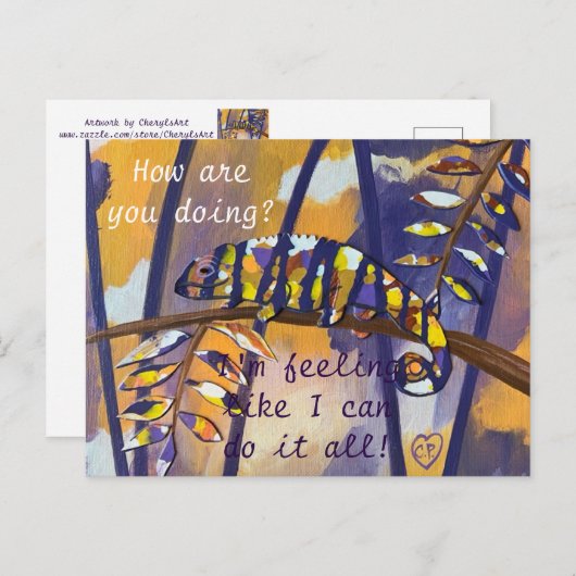 Paarse en Oranje Chameleon-briefkaarten, jouw teks Briefkaart (Voorkant / Achterkant)