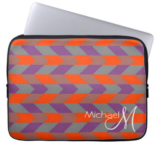 Paarse en Oranje Chevron Zigzag Custom Monogram Laptop Sleeve