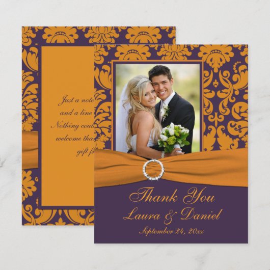 Paarse en Oranje Damask Foto Dank u Kaart (Voorkant / Achterkant)