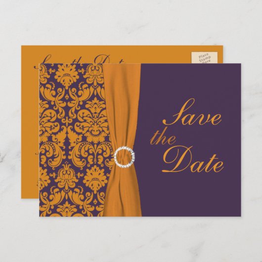 Paarse en Oranje Damask Save the Date Kaart (Voorkant / Achterkant)