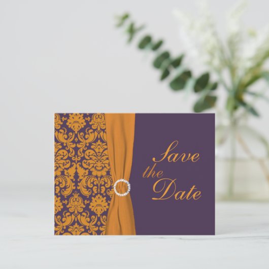 Paarse en Oranje Damask Save the Date Kaart (Staand voorkant)