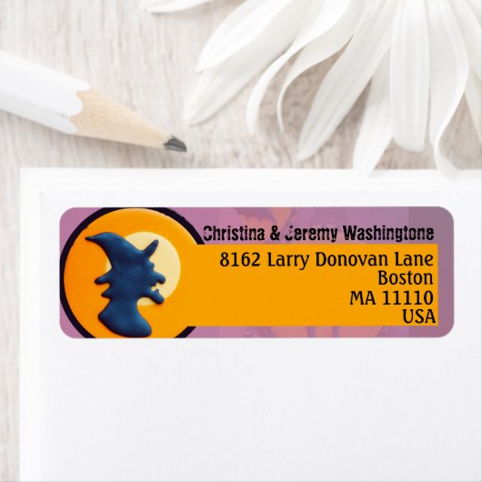 Paarse en oranje esthetische Halloween-heks op maa Etiket (Insitu)