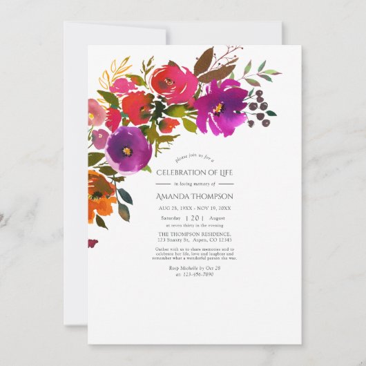 Paarse en Oranje Floral Celebration of Life Foto Kaart (Voorkant)