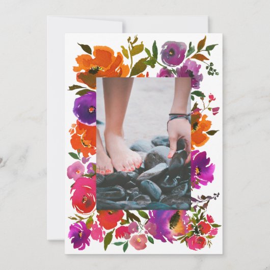 Paarse en Oranje Floral Celebration of Life Foto Kaart (Achterkant)
