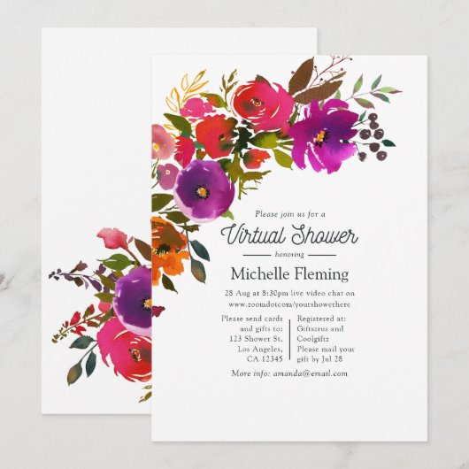 Paarse en Oranje Floral Virtual Shower Kaart (Voorkant / Achterkant)