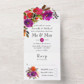 Paarse en Oranje Floral Wedding All In One Uitnodiging (Binnen)