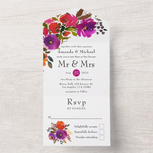 Paarse en Oranje Floral Wedding All In One Uitnodiging (Binnen)