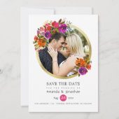 Paarse en Oranje Floral Wedding Foto Save The Date (Voorkant)