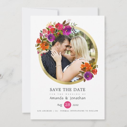 Paarse en Oranje Floral Wedding Foto Save The Date (Voorkant)