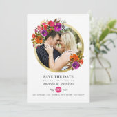Paarse en Oranje Floral Wedding Foto Save The Date (Staand voorkant)