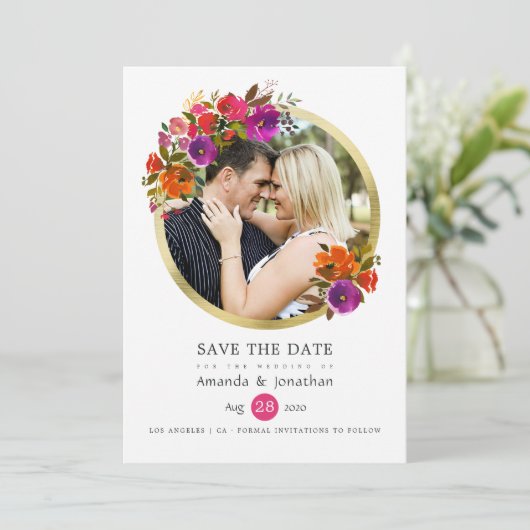 Paarse en Oranje Floral Wedding Foto Save The Date (Staand voorkant)