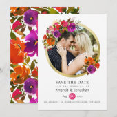 Paarse en Oranje Floral Wedding Foto Save The Date (Voorkant / Achterkant)