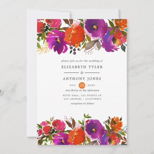 Paarse en Oranje Floral Wedding Kaart (Voorkant)