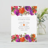 Paarse en Oranje Floral Wedding Kaart (Staand voorkant)