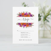 Paarse en Oranje Floral Wedding RSVP Kaartje (Staand voorkant)