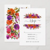Paarse en Oranje Floral Wedding RSVP Kaartje (Voorkant / Achterkant)