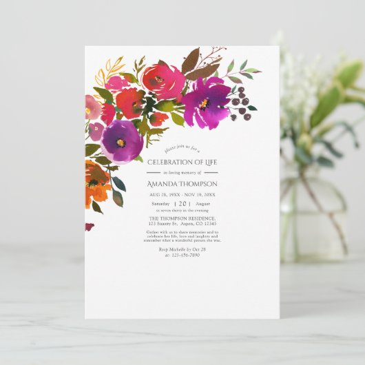 Paarse en Oranje Florale viering van het leven Kaart (Staand voorkant)