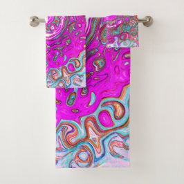Paarse en Oranje Groovy Abstract Retro Swirl Bad Handdoek