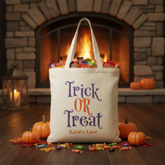 Paarse en Oranje Halloween Custom Trick or treat Tote Bag
