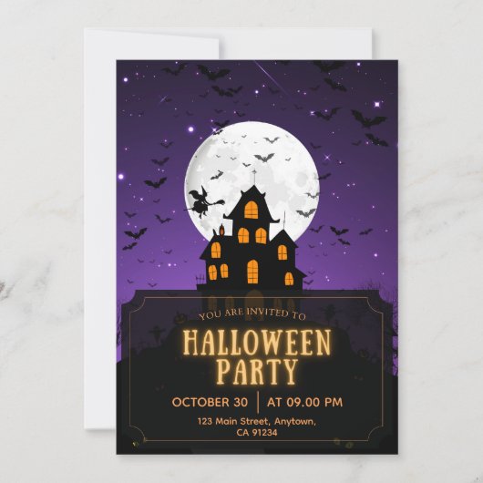 Paarse en Oranje Halloween Party Kaart (Voorkant)