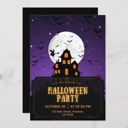 Paarse en Oranje Halloween Party Kaart (Voorkant / Achterkant)
