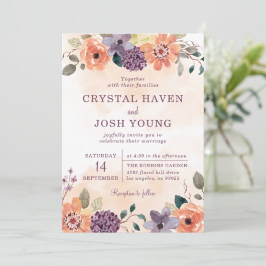 Paarse en Oranje Herfst Bloemen Herfstbruiloft Kaart (Staand voorkant)