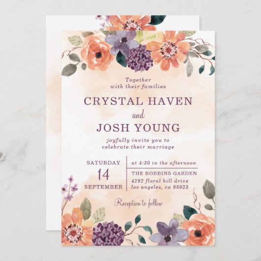 Paarse en Oranje Herfst Bloemen Herfstbruiloft Kaart (Voorkant / Achterkant)