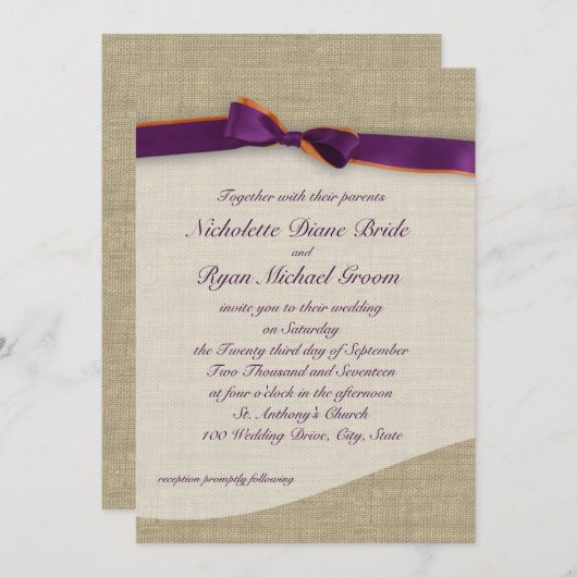 Paarse en Oranje lint en Burlap bruiloft Kaart (Voorkant / Achterkant)