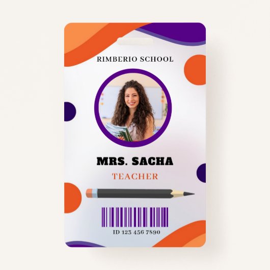 Paarse en Oranje Modern Teacher Portrait Company Badge (Voorkant)
