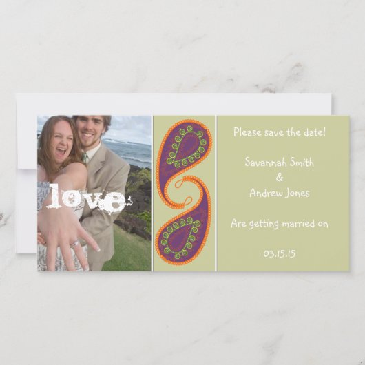 Paarse en Oranje Paisley sparen de Datum Uw Foto Save The Date (Voorkant)