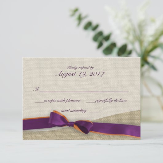 Paarse en Oranje Ribbon en Burlap Respons RSVP Kaartje (Staand voorkant)