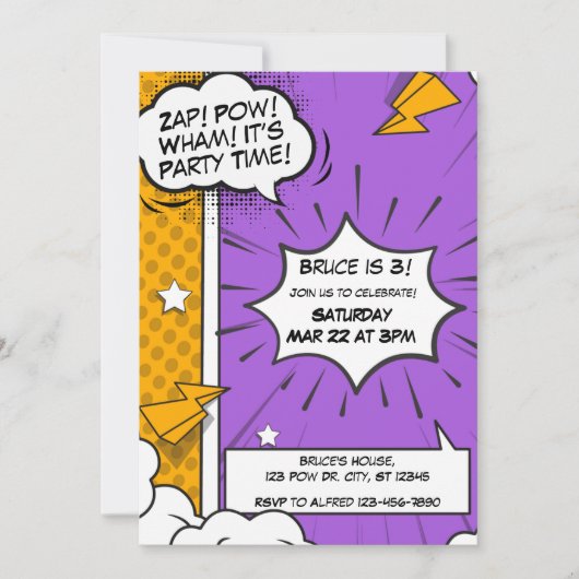 Paarse en Oranje stripuitnodiging Kaart (Voorkant)