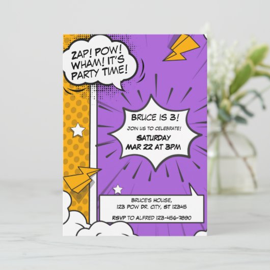 Paarse en Oranje stripuitnodiging Kaart (Staand voorkant)