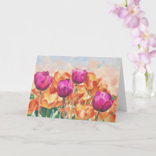 Paarse en oranje tulpen bloemkunst notitiekaart