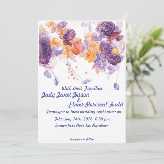 Paarse en Oranje uitnodiging voor een bruiloft (Staand voorkant)