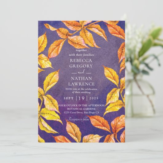 paarse en oranje uitnodigingen voor valbruiloft (Staand voorkant)