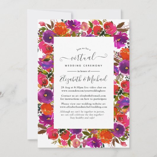 Paarse en Oranje virtuele online bruiloft Kaart (Voorkant)