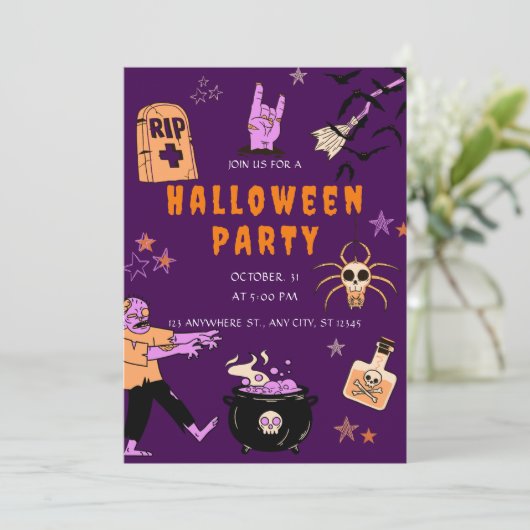 Paarse en Oranje Wicked Schattigee Halloween Party Kaart (Staand voorkant)