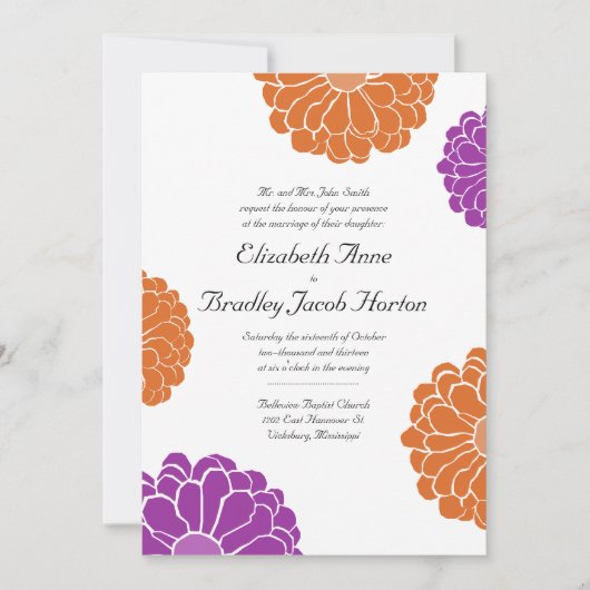 Paarse en Oranje Zinnia Flower Wedding Invitation Kaart (Voorkant)