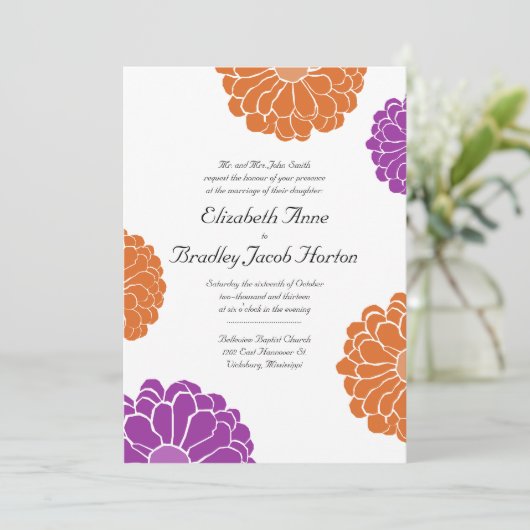Paarse en Oranje Zinnia Flower Wedding Invitation Kaart (Staand voorkant)