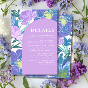 Paarse en paarsige pastel bloemen bruiloft details informatiekaartje