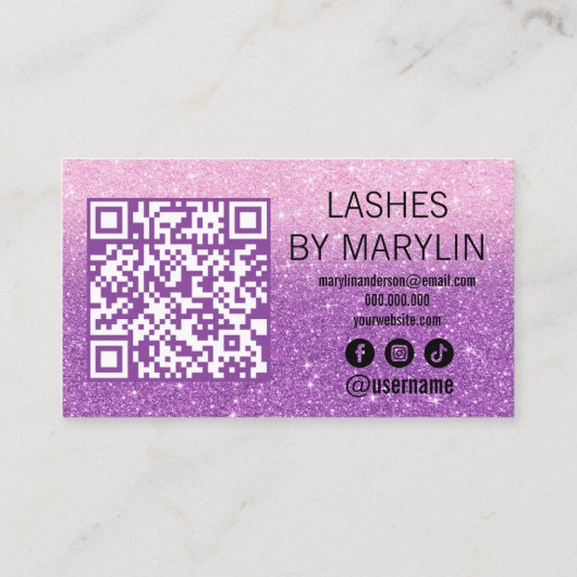 Paarse en pastelroze glitter Ombre Lash Tech Klantenkaartje (Achterkant)
