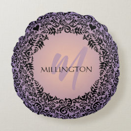 Paarse en Peach Damask Monogram Rond Kussen